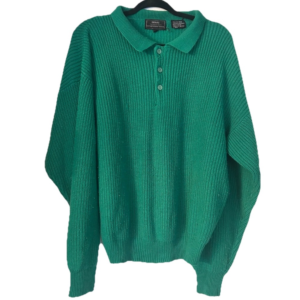 Vintage Sears The Men's Store Emerald Green Polo Sweater Button Collar Size L